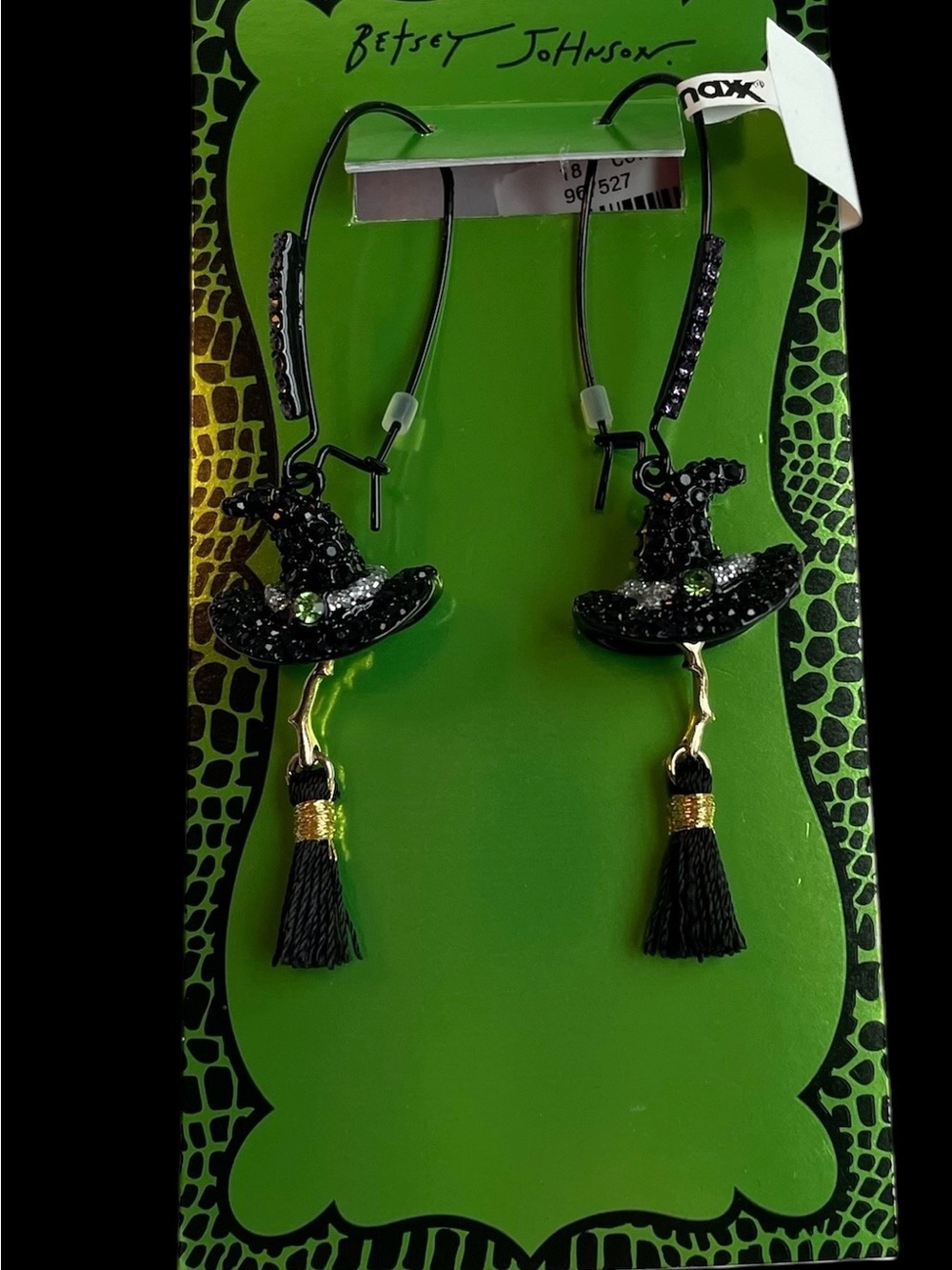 Betsey Johnson Black and Gold Witch Hat Tassel Drop Earrings